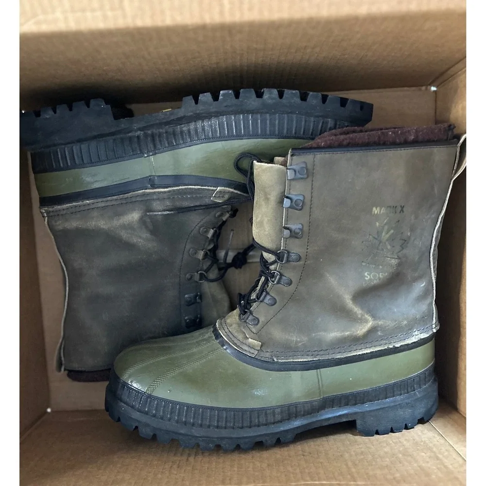Vintage Sorel Mark X Kaufman Boots Olive Green Wool Liner Vibram Sole Canada 12